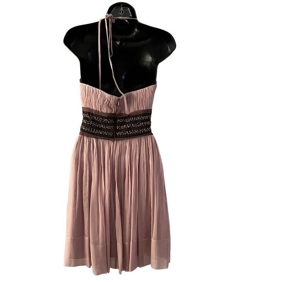 BCBGMAXAZRIA Rose Silk Ruffle Halter Tearose Pink Dress Beaded Tulle Belt 2 XS - Picture 3 of 12